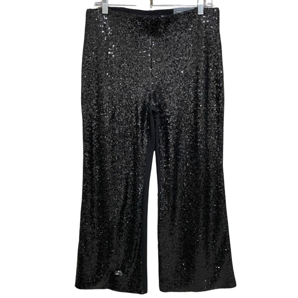 Chico's Juliet Wide Leg Sequin Front Pant Size 1P US 8 Petite Black Slimming NEW